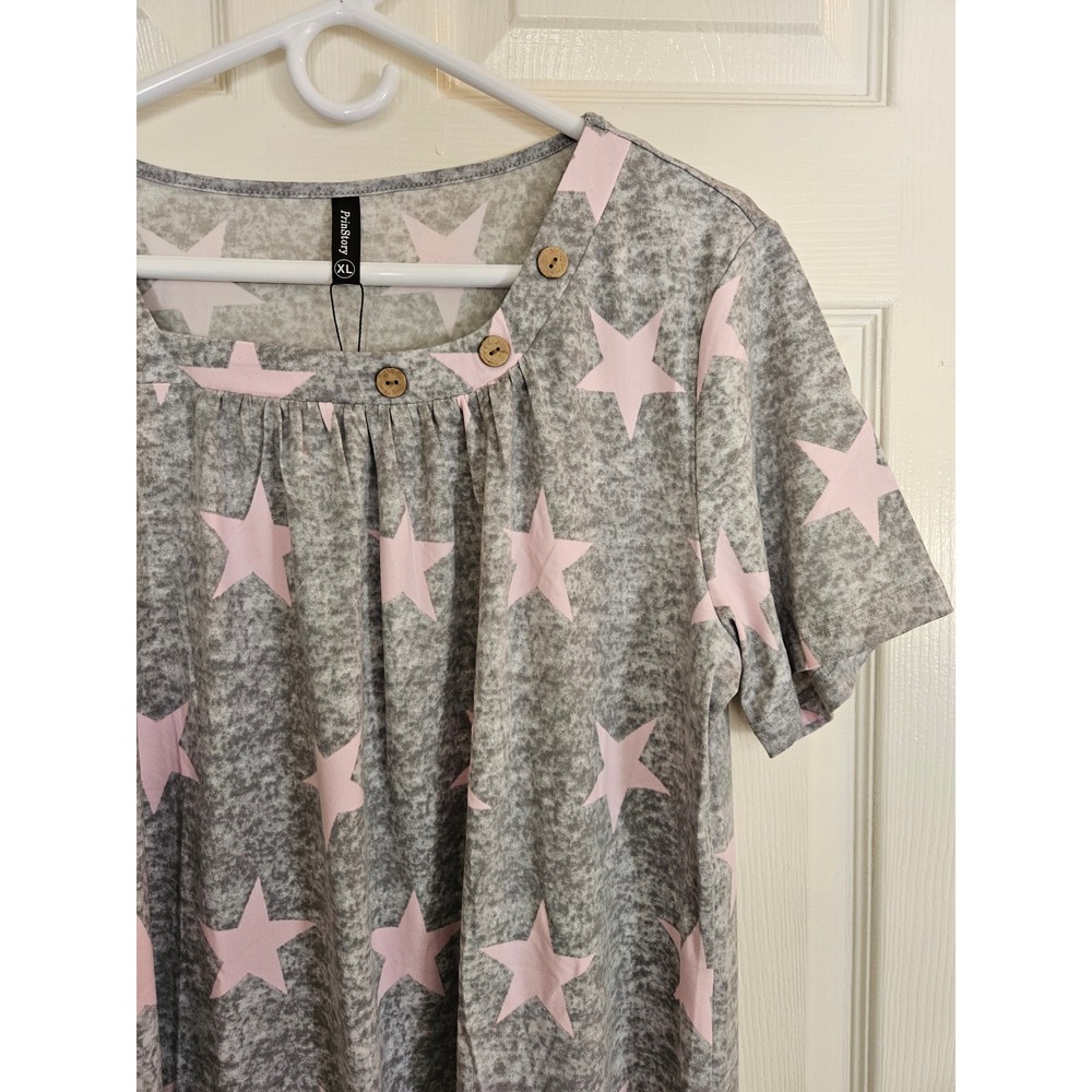 PrinStory Star Print Top Button Detail Short Sleeve Casual XL
